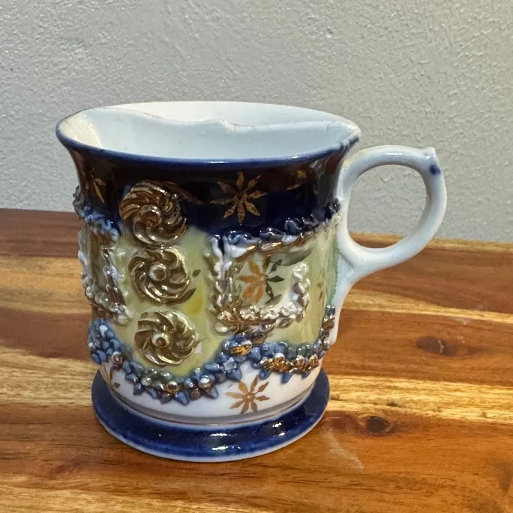 ANTIQUE GERMAN PORCELAIN SHAVING MUG | RAISED GOLD COBALT BLUE ACCENTS DECOR